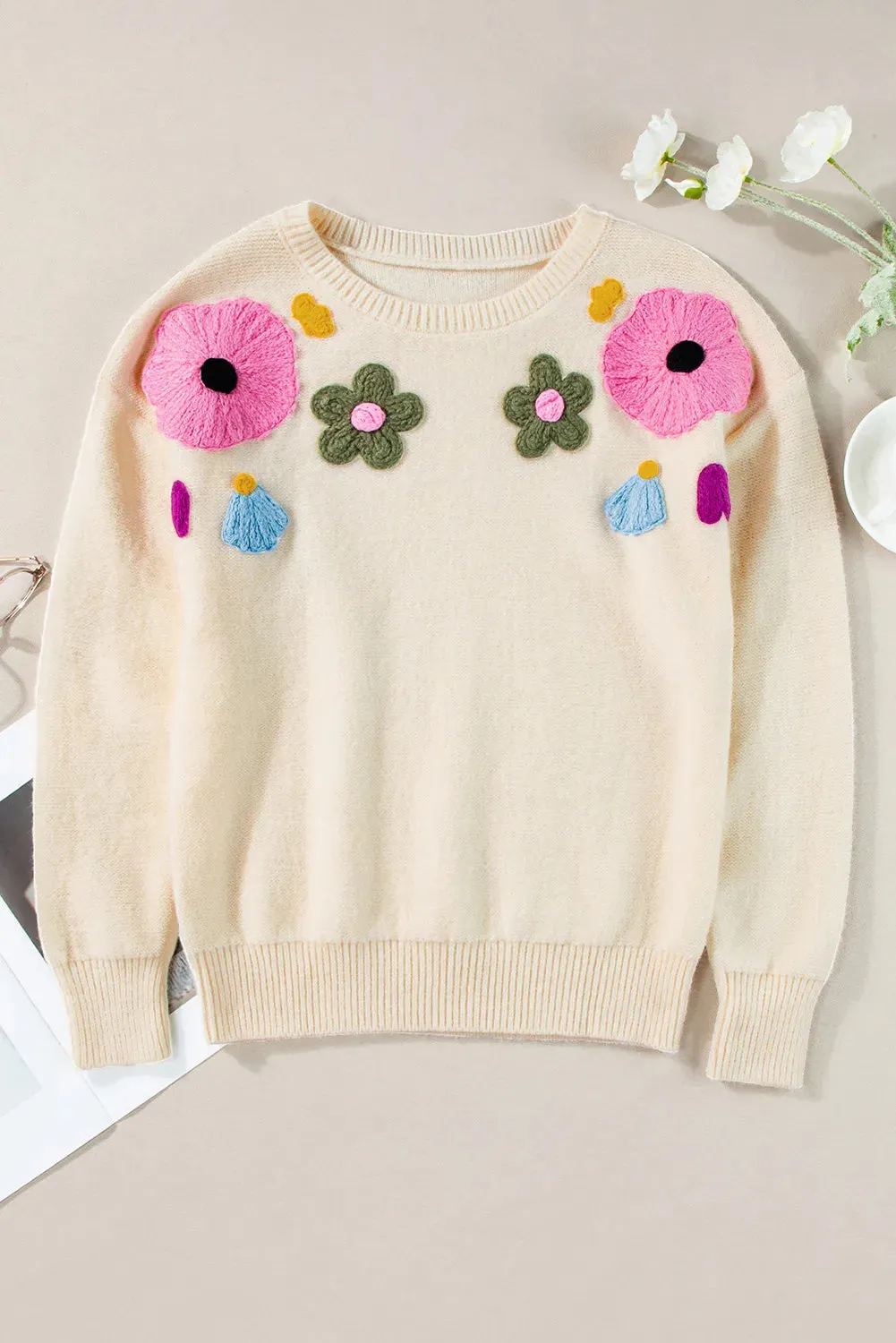 🌸 Plus Size Crochet Flower Round Neck Long Sleeve Sweater 🌸