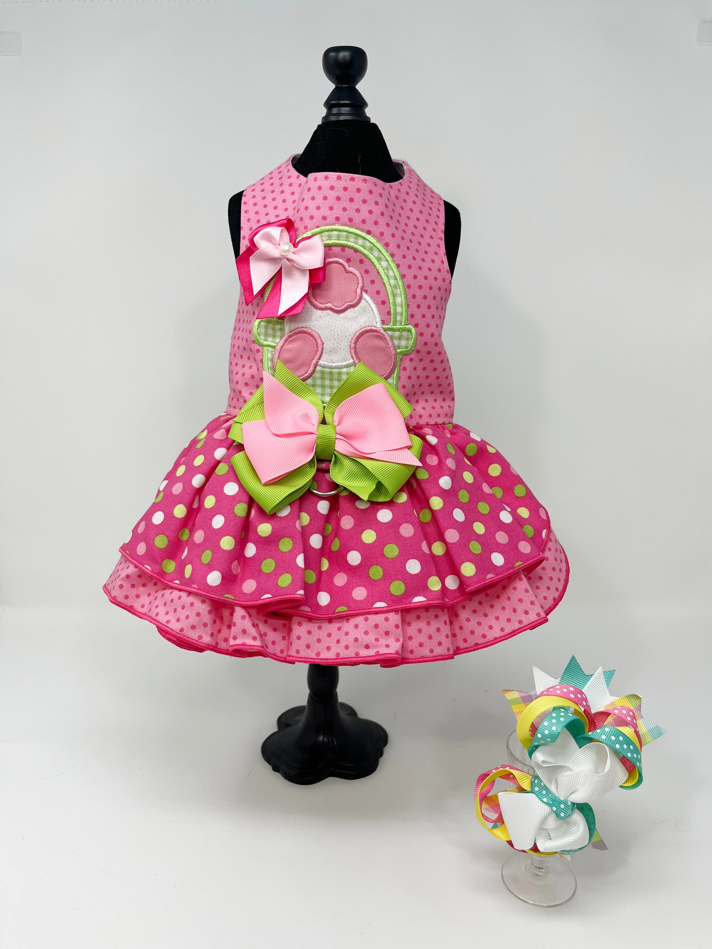 053  Pink Polka Dot Dress with Layered Skirt and Hair Bow Size S