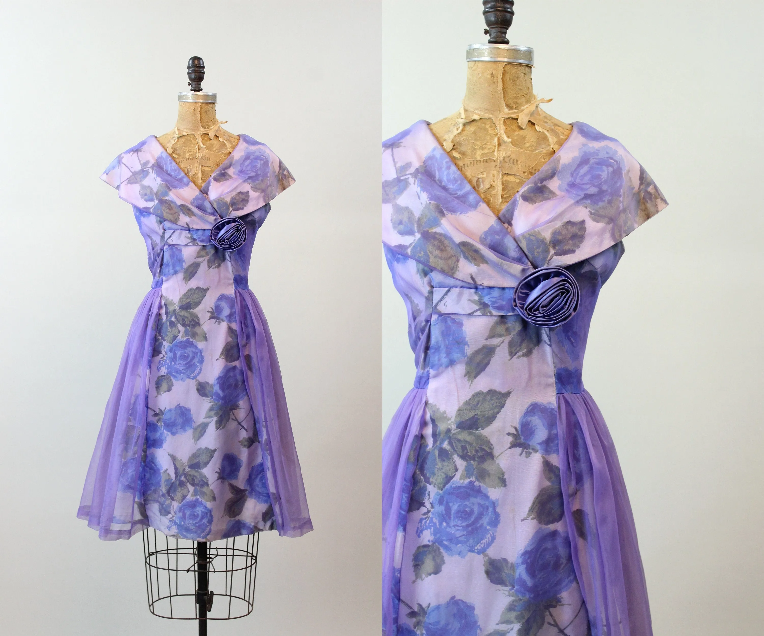 1950s BLUE ROSE PRINT organza dress medium | new spring summer