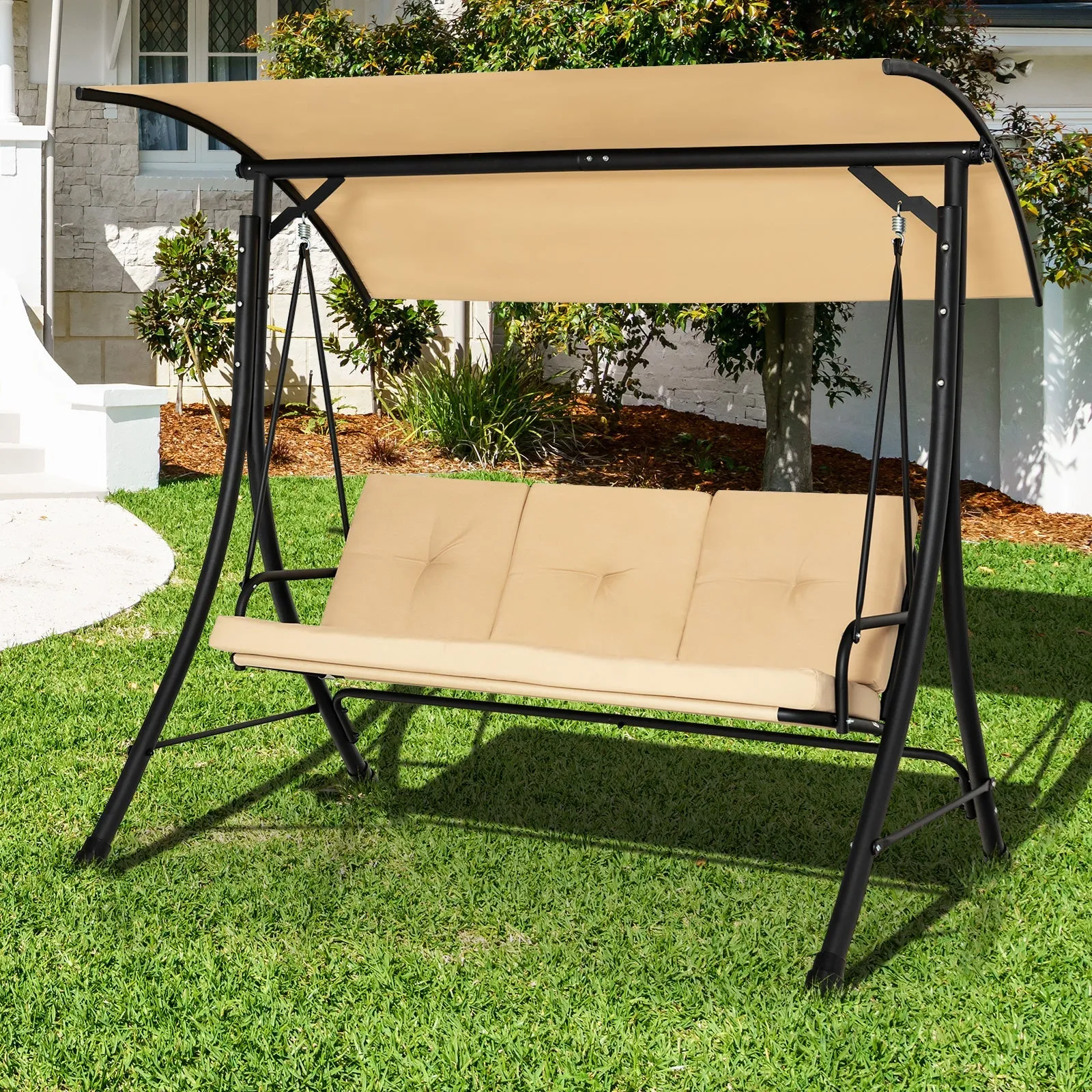 3-Person Patio Porch Swing  with Weatherproof and Adjustable Polyester Canopy-Beige