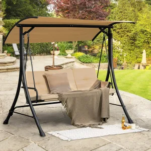 3-Person Patio Porch Swing  with Weatherproof and Adjustable Polyester Canopy-Beige