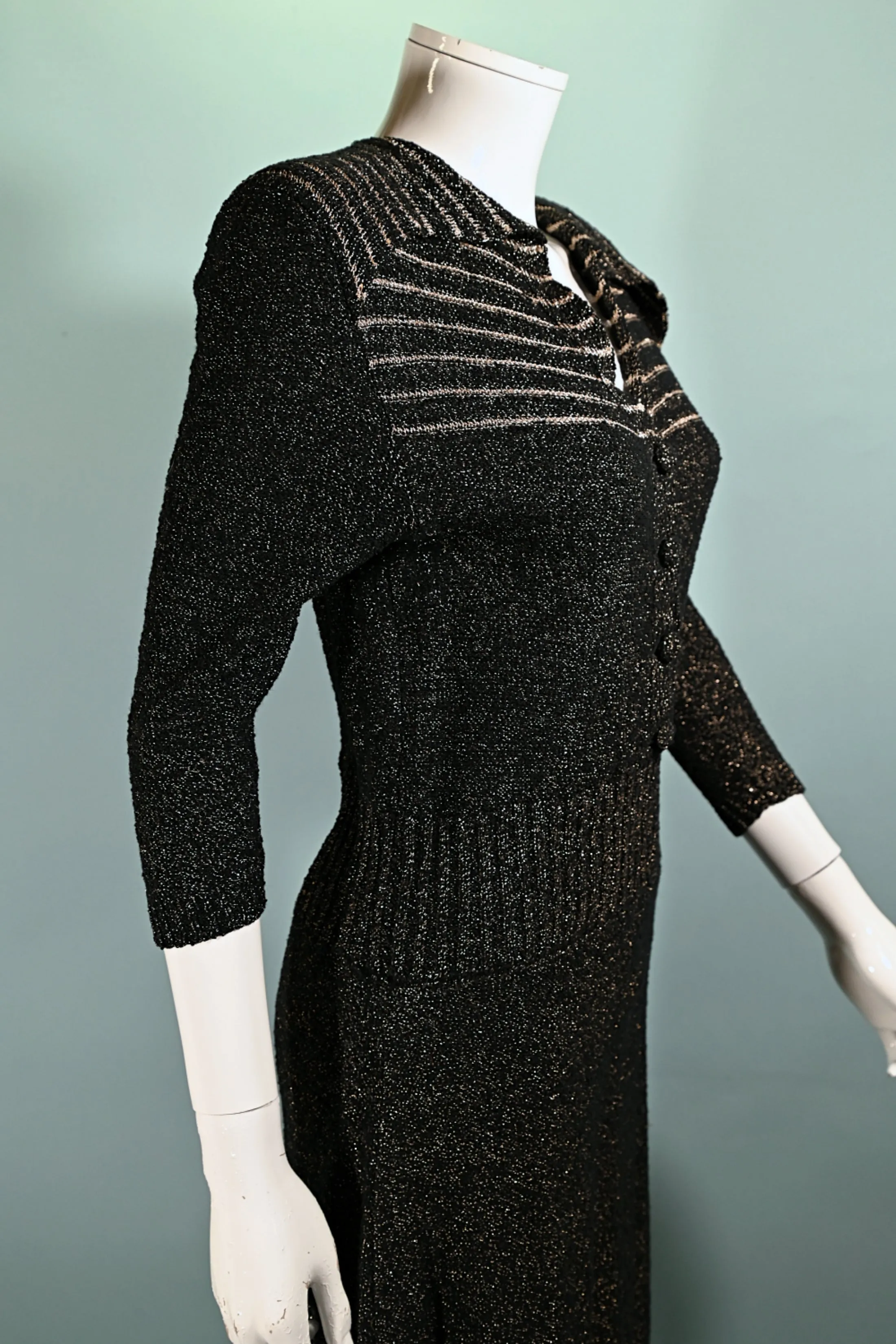 40s Black/Gold Knit Sweater Dress,50s Black Boucle Knit Dress M