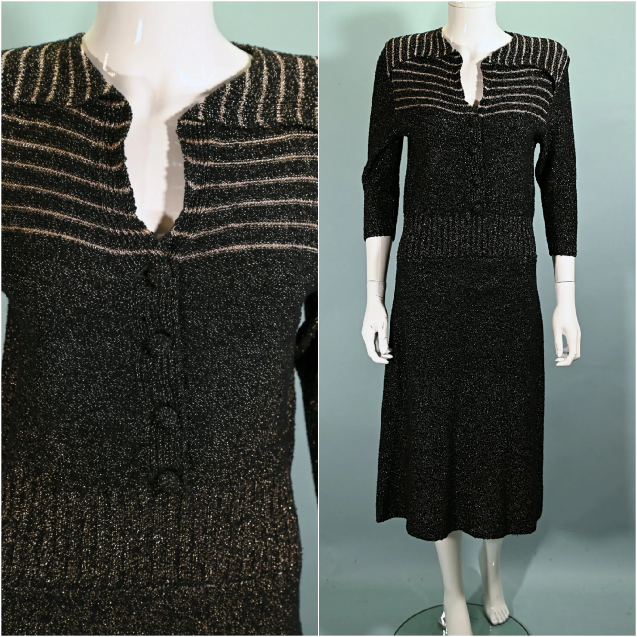 40s Black/Gold Knit Sweater Dress,50s Black Boucle Knit Dress M