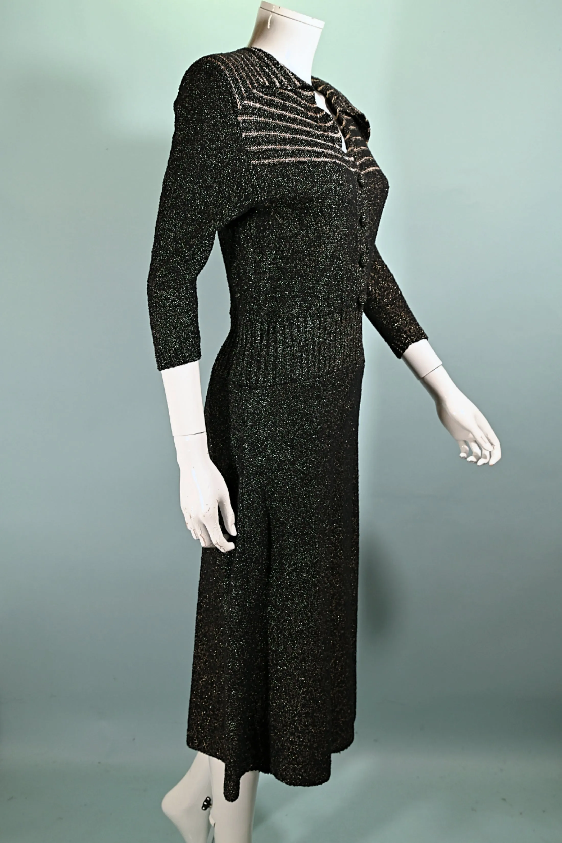 40s Black/Gold Knit Sweater Dress,50s Black Boucle Knit Dress M