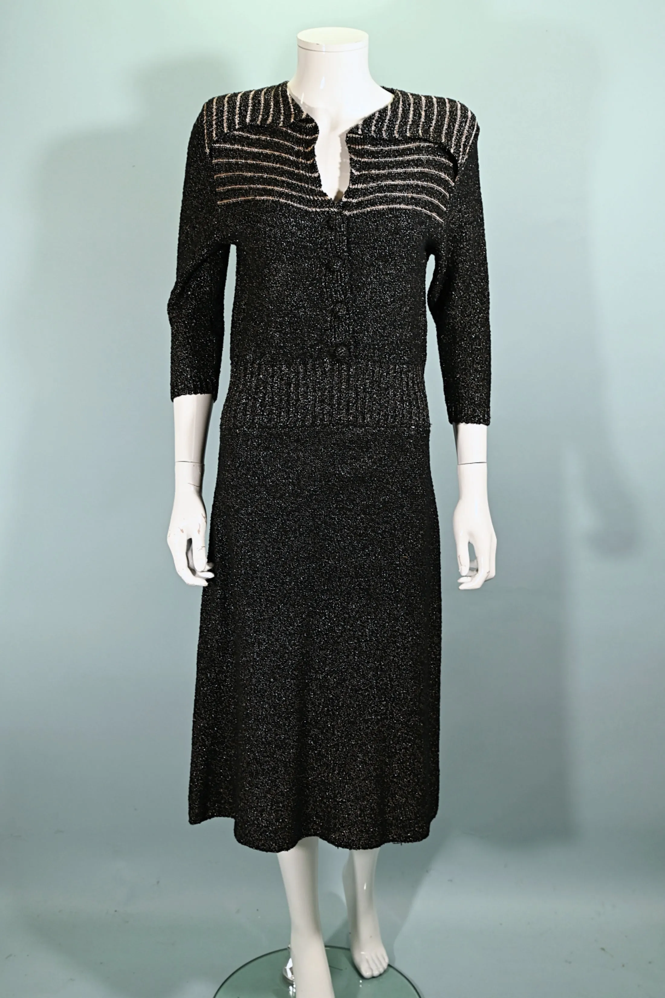 40s Black/Gold Knit Sweater Dress,50s Black Boucle Knit Dress M