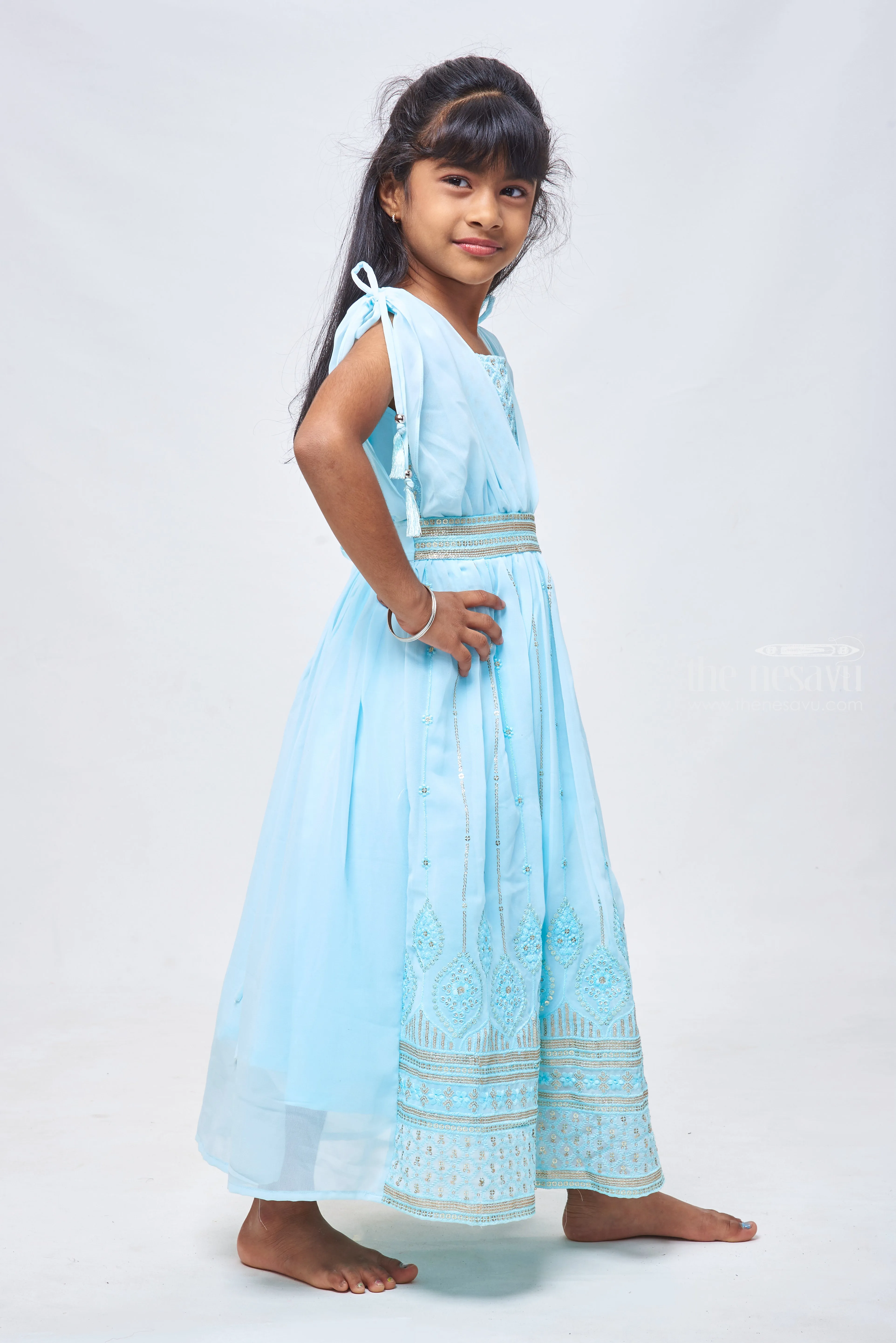 Azure Blue Sequins & Poncho Sleeves: Full Length Gown for Girls