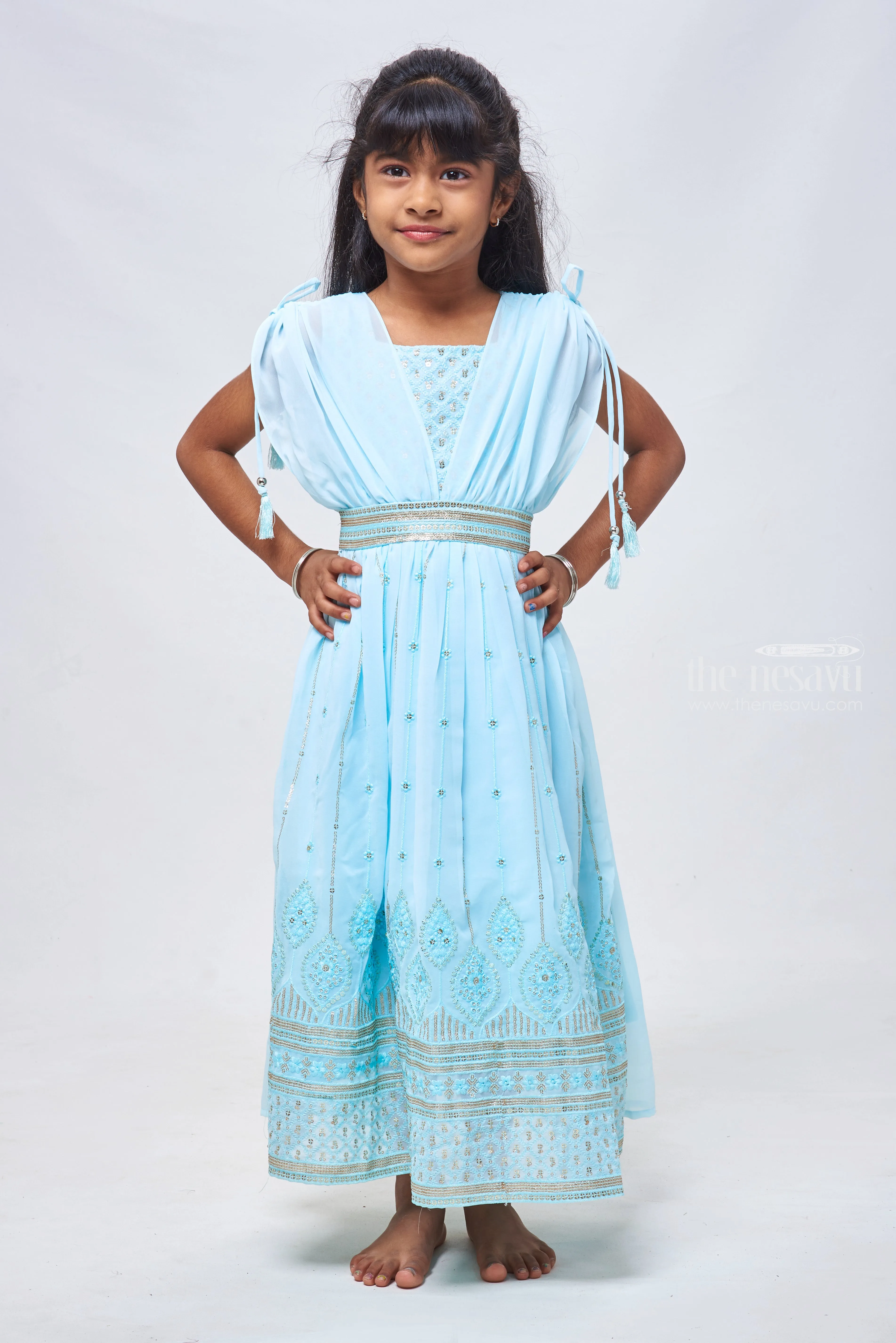 Azure Blue Sequins & Poncho Sleeves: Full Length Gown for Girls