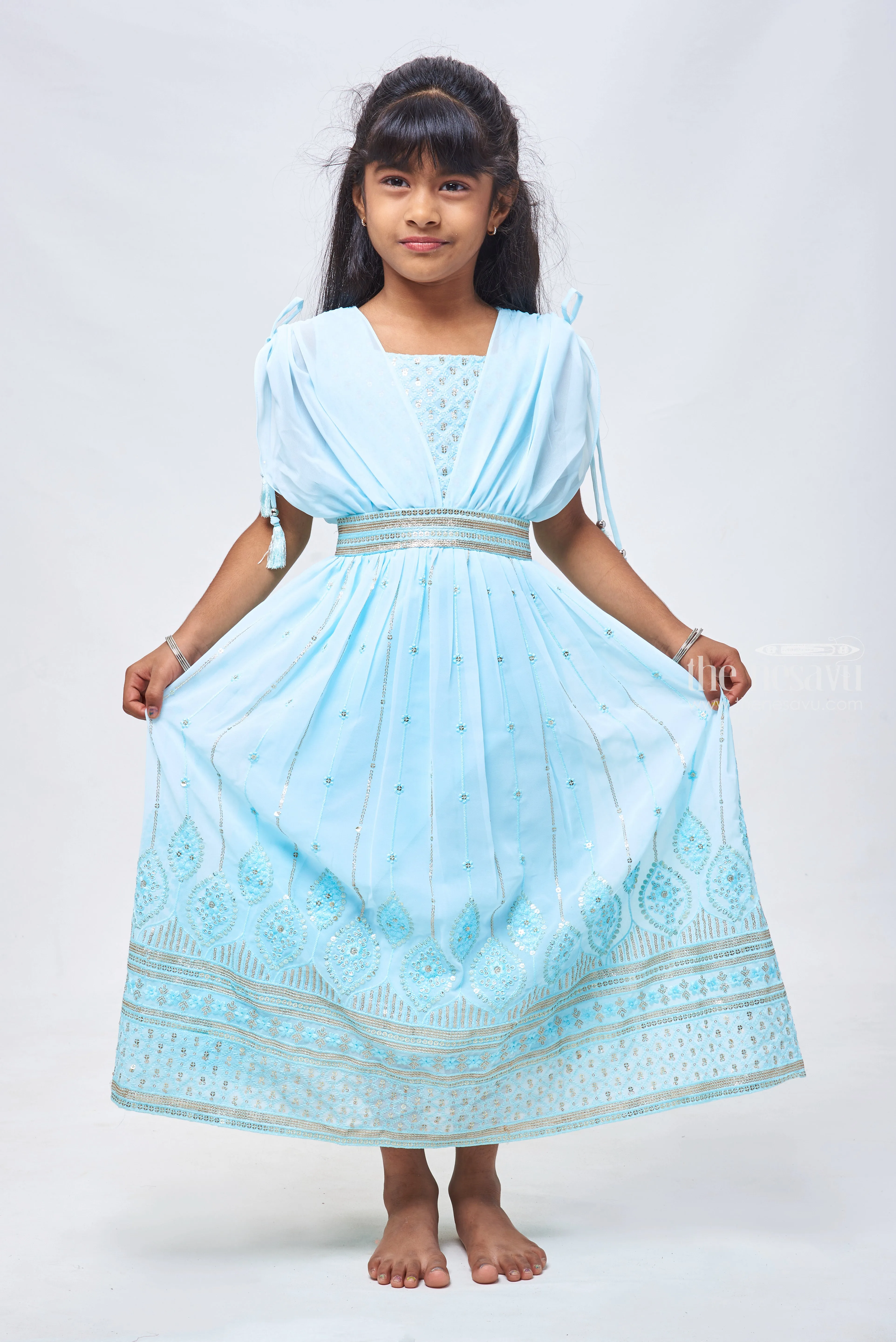 Azure Blue Sequins & Poncho Sleeves: Full Length Gown for Girls