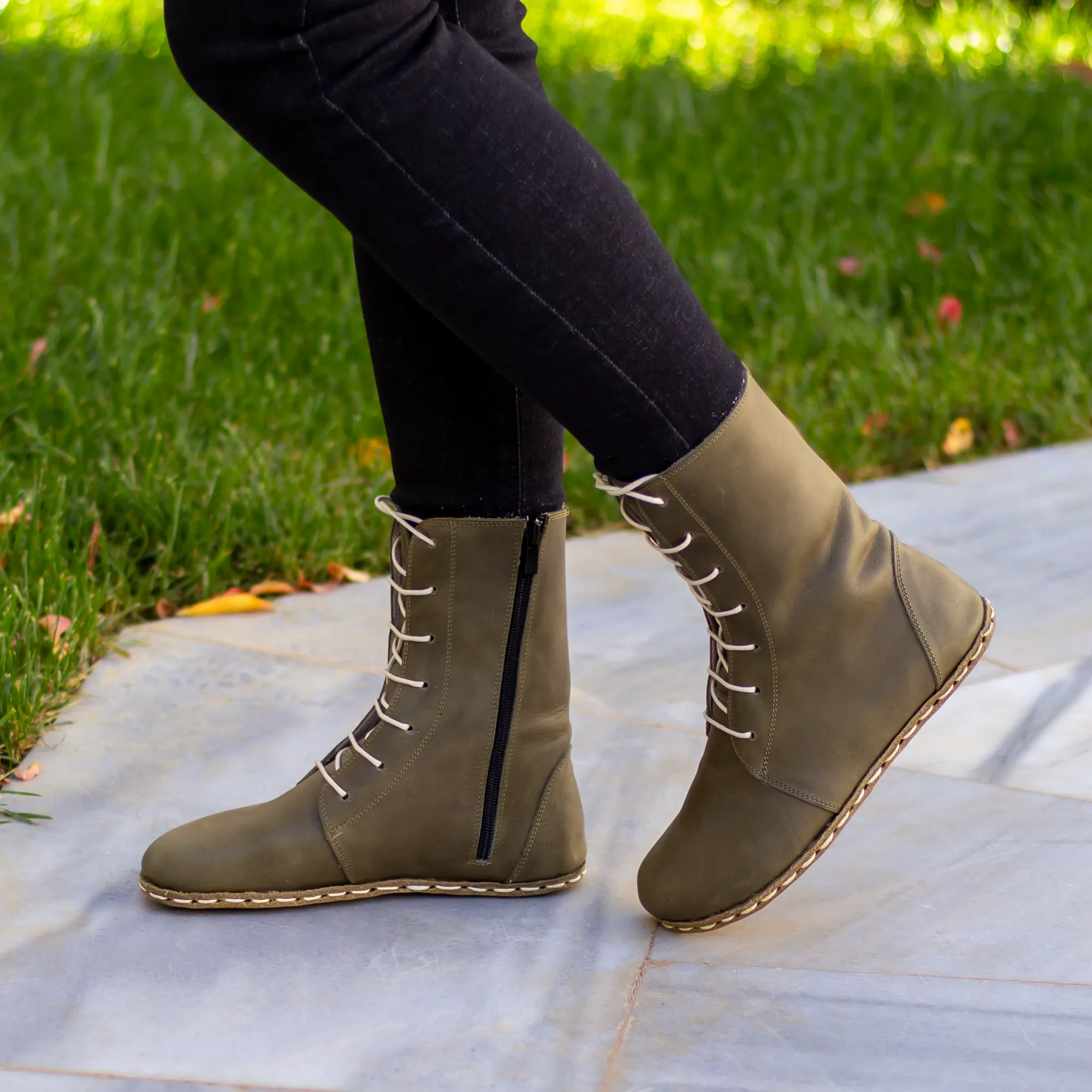 Barefoot Grounding Effect Olive Green Leather Boots For Women