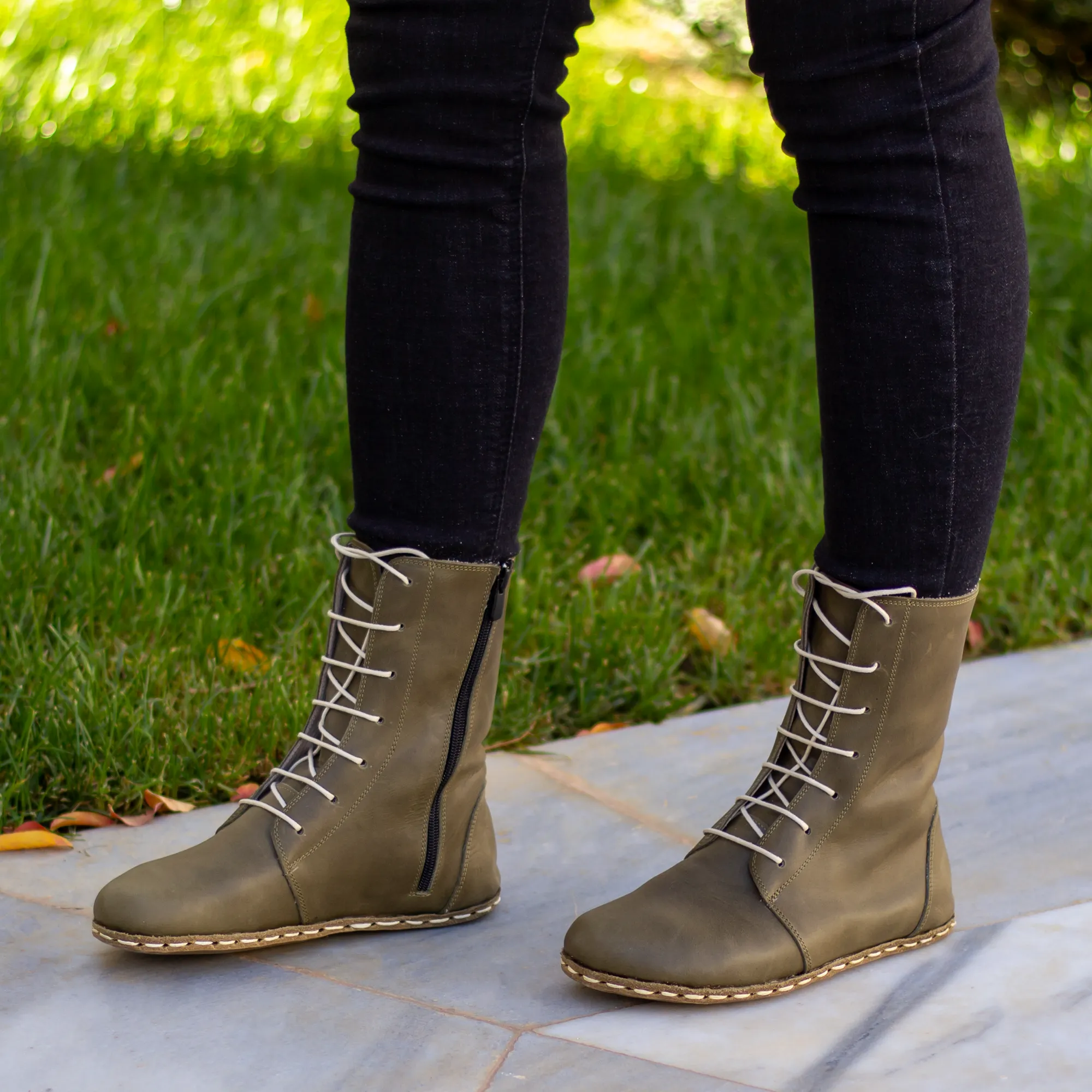 Barefoot Grounding Effect Olive Green Leather Boots For Women