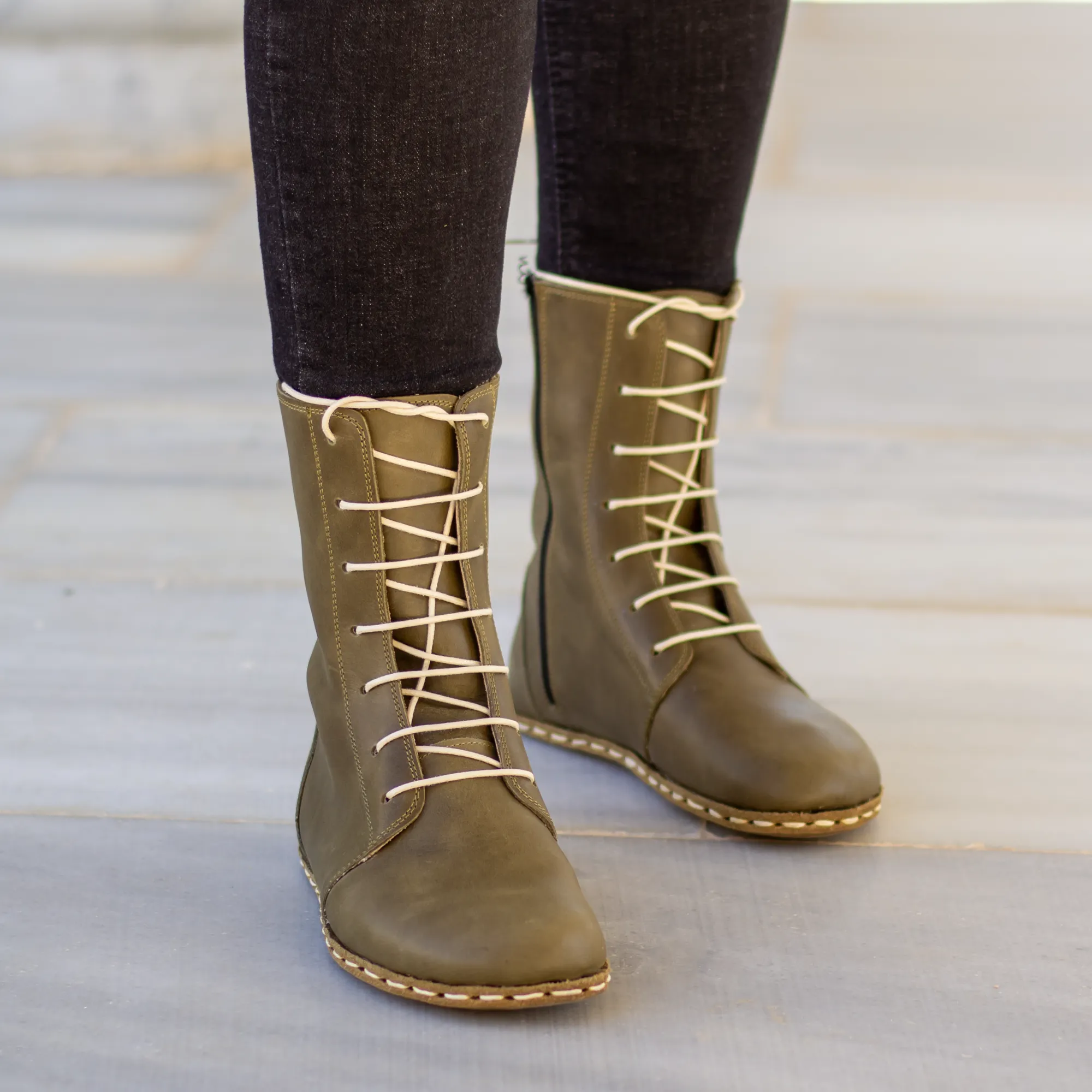 Barefoot Grounding Effect Olive Green Leather Boots For Women