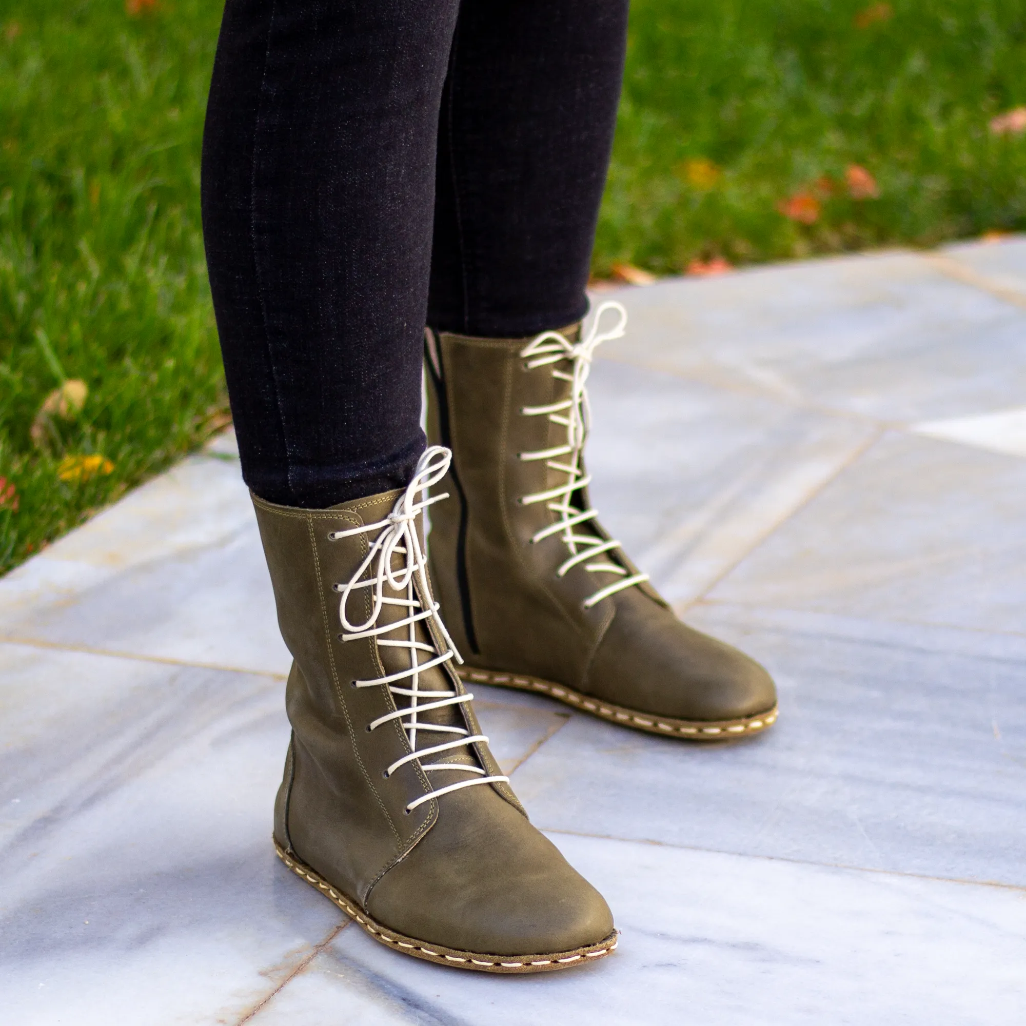 Barefoot Grounding Effect Olive Green Leather Boots For Women