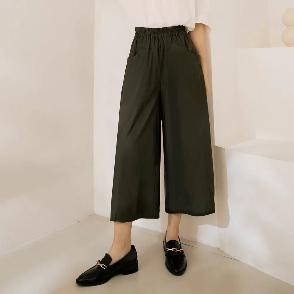 Basic Cotton Elastic Waist Wide Leg Culottes Pants