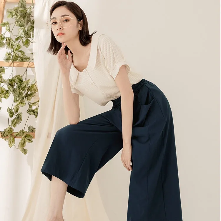 Basic Cotton Elastic Waist Wide Leg Culottes Pants