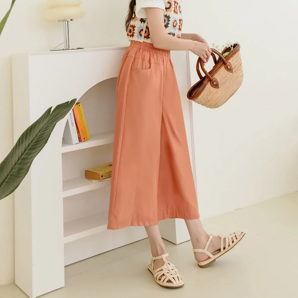 Basic Cotton Elastic Waist Wide Leg Culottes Pants