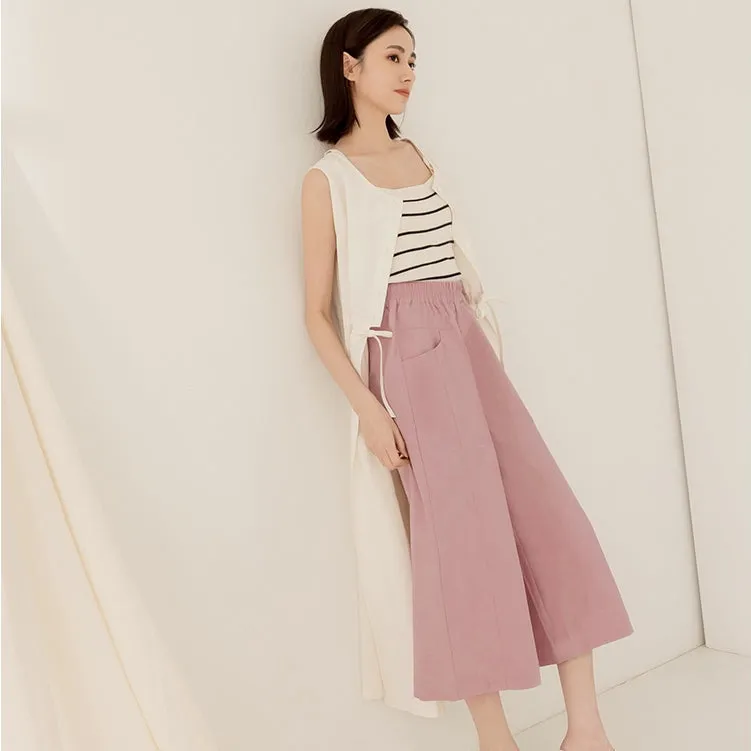 Basic Cotton Elastic Waist Wide Leg Culottes Pants