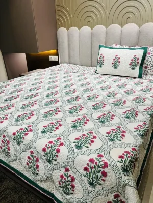 Bella Contemporary Premium 100% Cotton King Size 108 * 108 Hand Block Cotton Bedsheet with 2 Pillow Cover 28 * 18 | Floral Printed Bedsheet for Bedroom, Home, Hotels