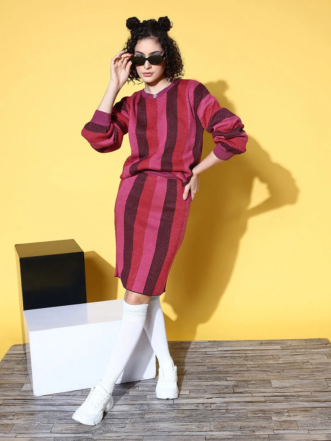 Berrylush Women Pink & Burgundy Striped Pattern Round Neck Acrylic Regular Sweater & Mini Skirt Co-Ord Set