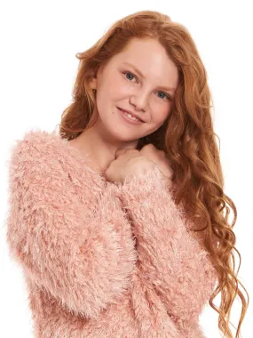 Big Girls Soft Faux Fur Fuzzy Tinsel Long Sleeve Pullover