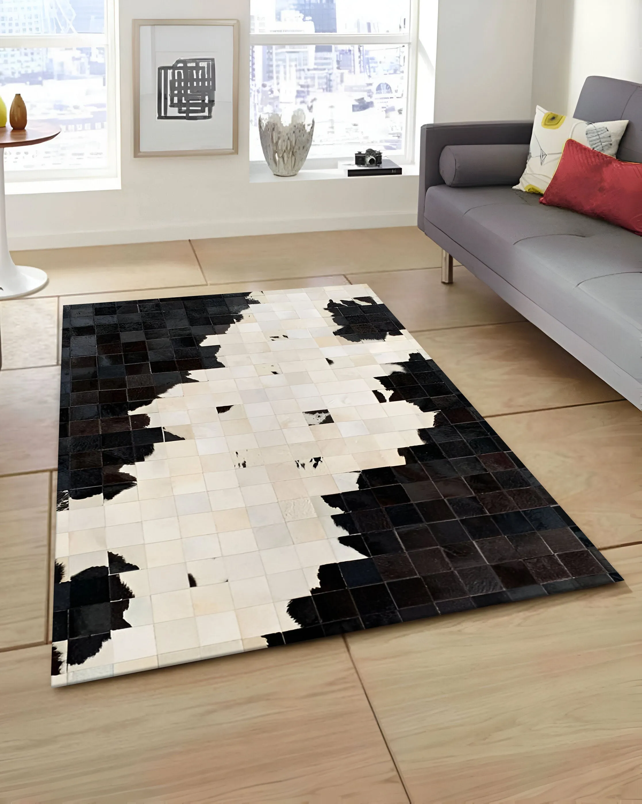 Black and White Natural Cowhide Patchwork Rug, Handmade Cow Skin Non Slip Rug