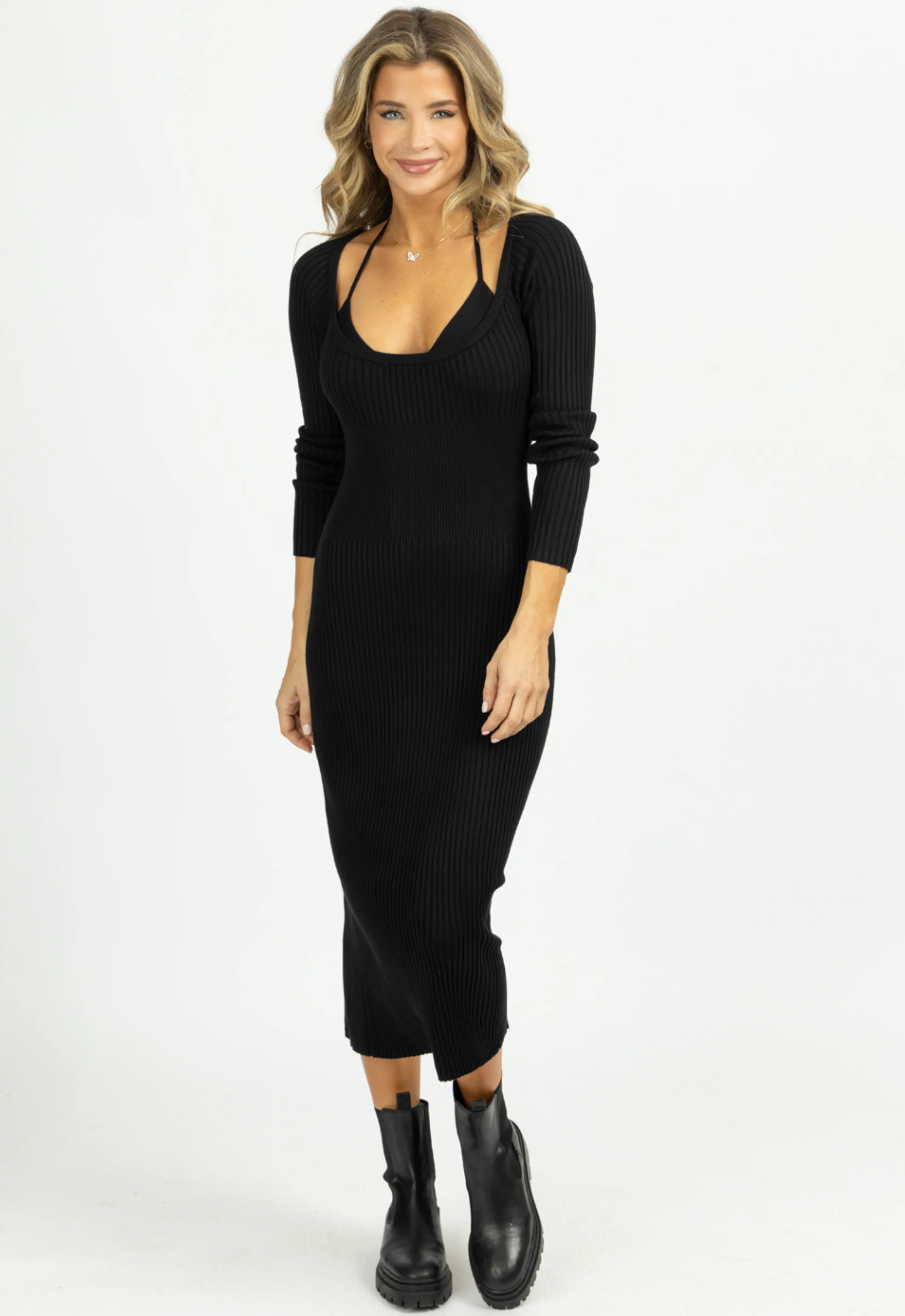 BLACK KNIT LAYERED BRA MIDI DRESS SET