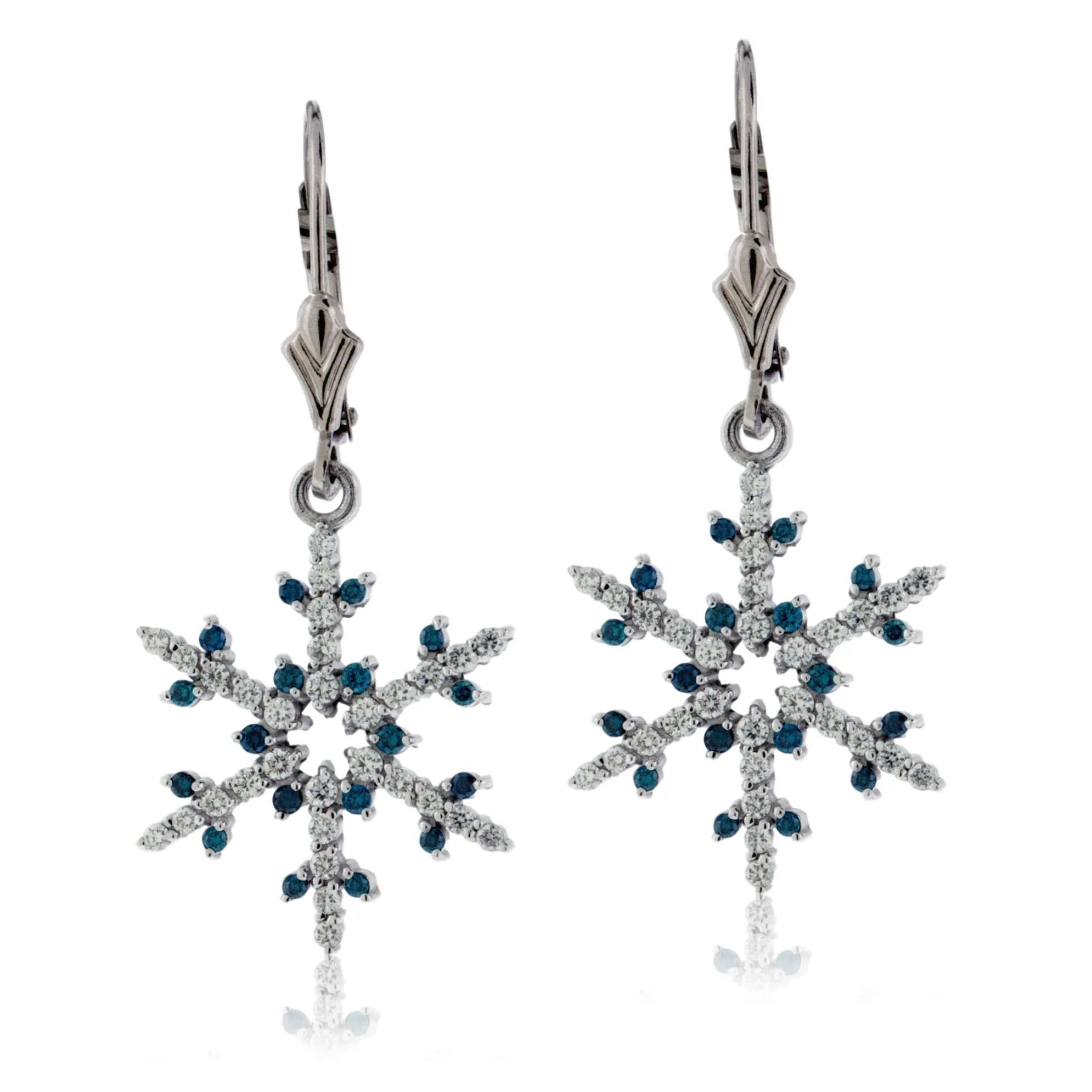 Blue Diamond Tipped and Diamond Snowflake Leverback Earrings