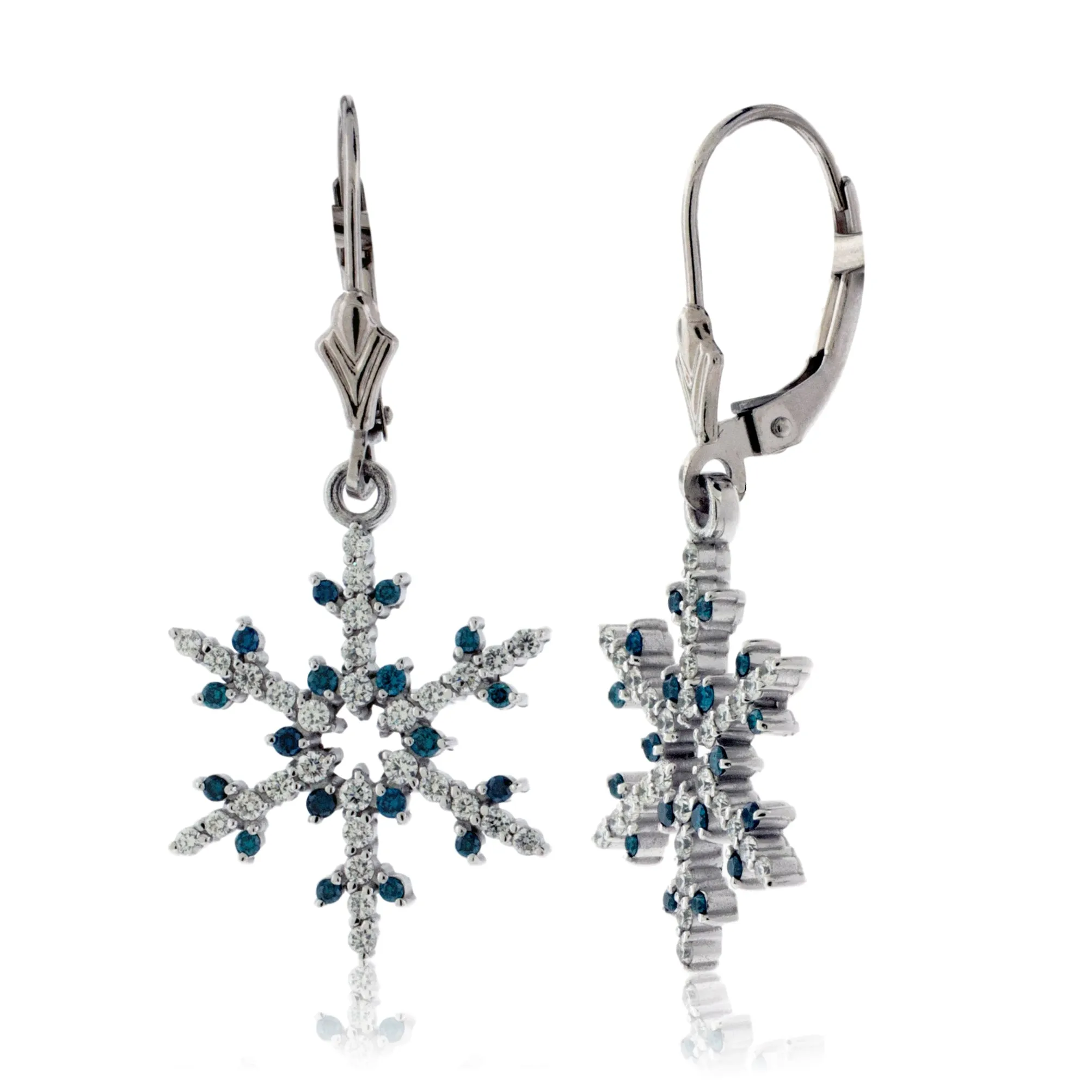 Blue Diamond Tipped and Diamond Snowflake Leverback Earrings