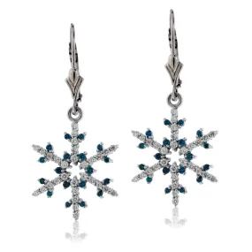 Blue Diamond Tipped and Diamond Snowflake Leverback Earrings