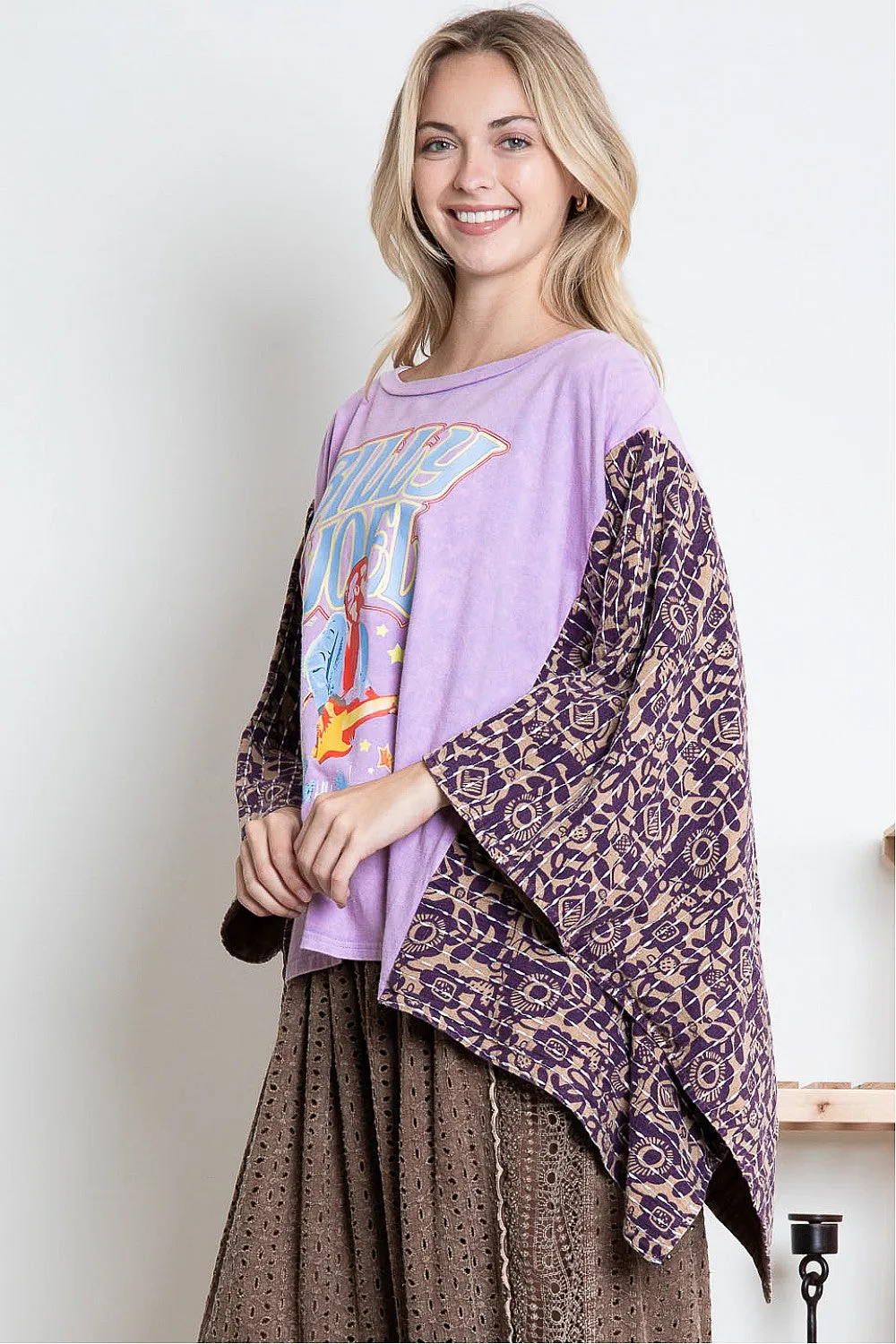 BlueVelvet Billy Joel Print Top with Mixed Print Sewn Poncho Sleeves in Lavender