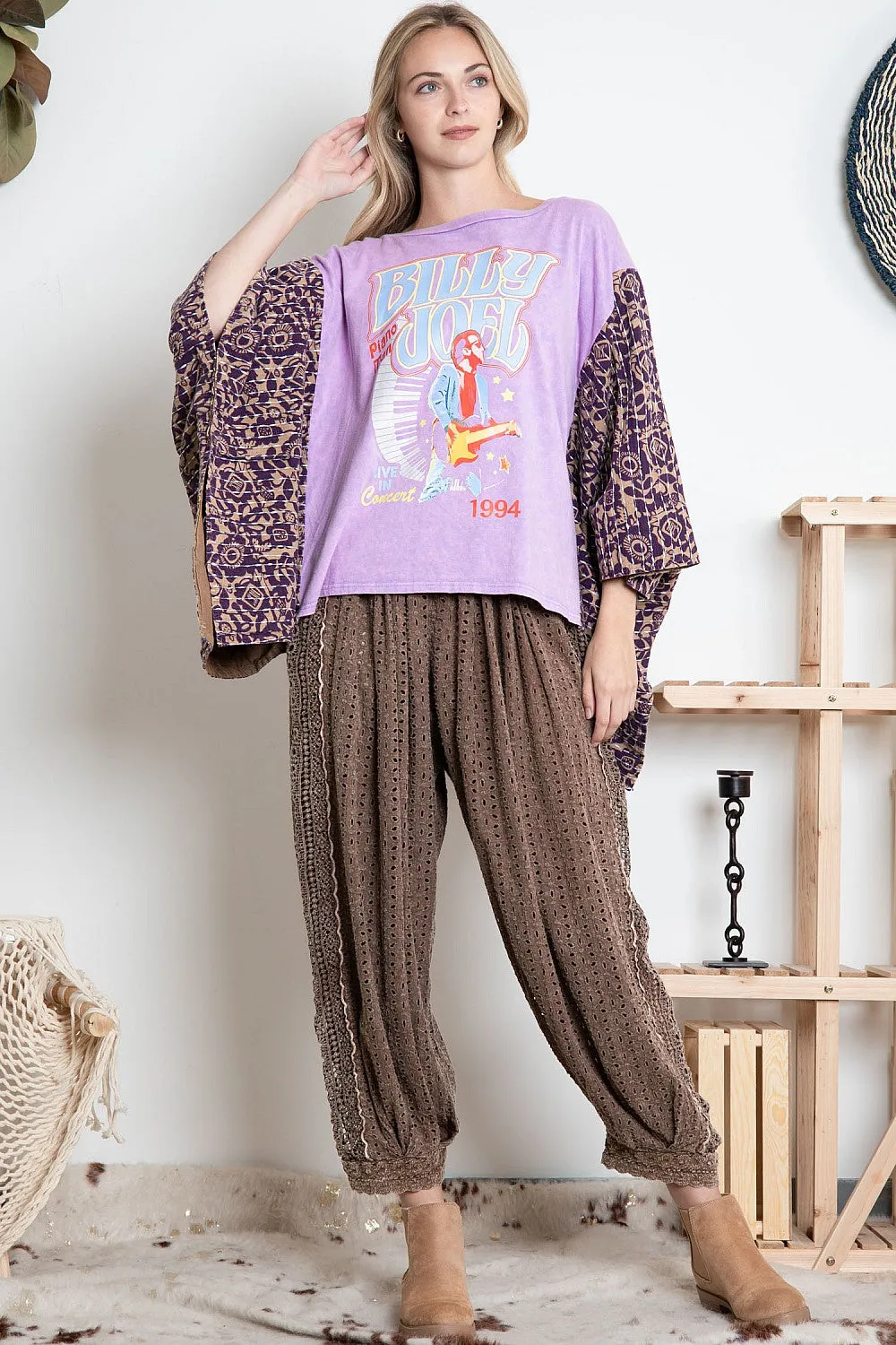 BlueVelvet Billy Joel Print Top with Mixed Print Sewn Poncho Sleeves in Lavender