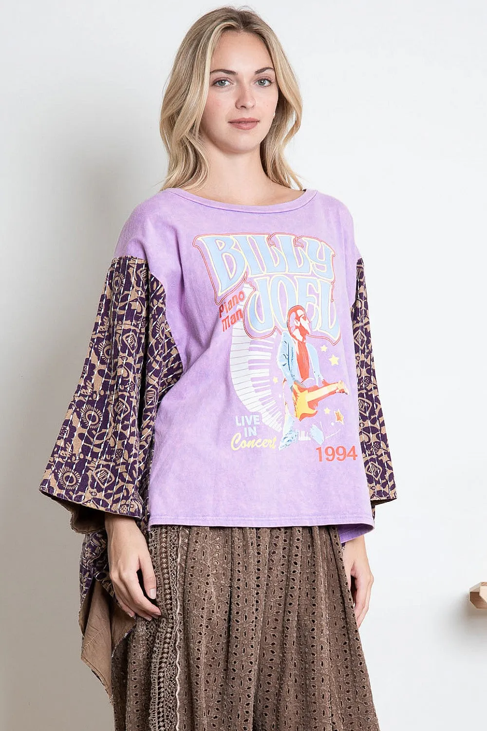 BlueVelvet Billy Joel Print Top with Mixed Print Sewn Poncho Sleeves in Lavender