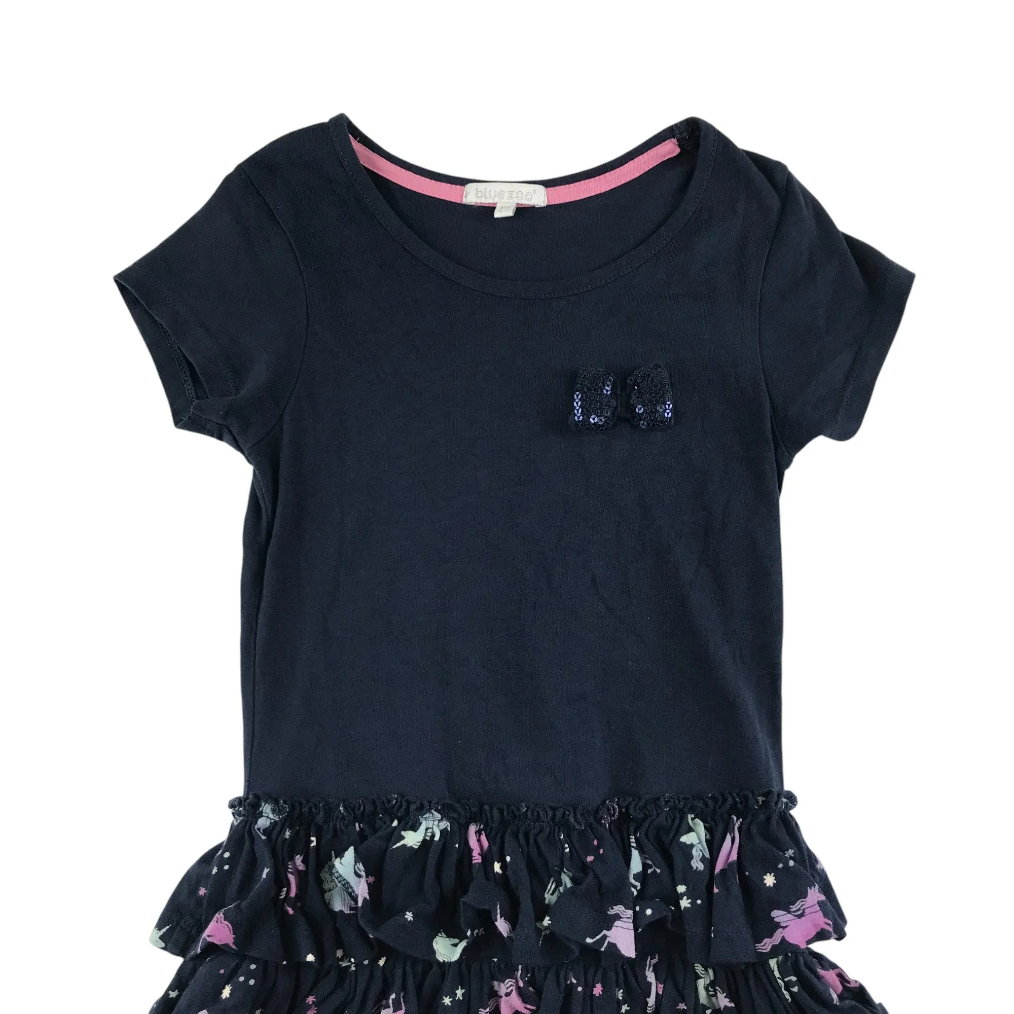 Bluezoo dress 6-7 years Navy t-shirt top with sequin bowtie and unicorn print skirt cotton