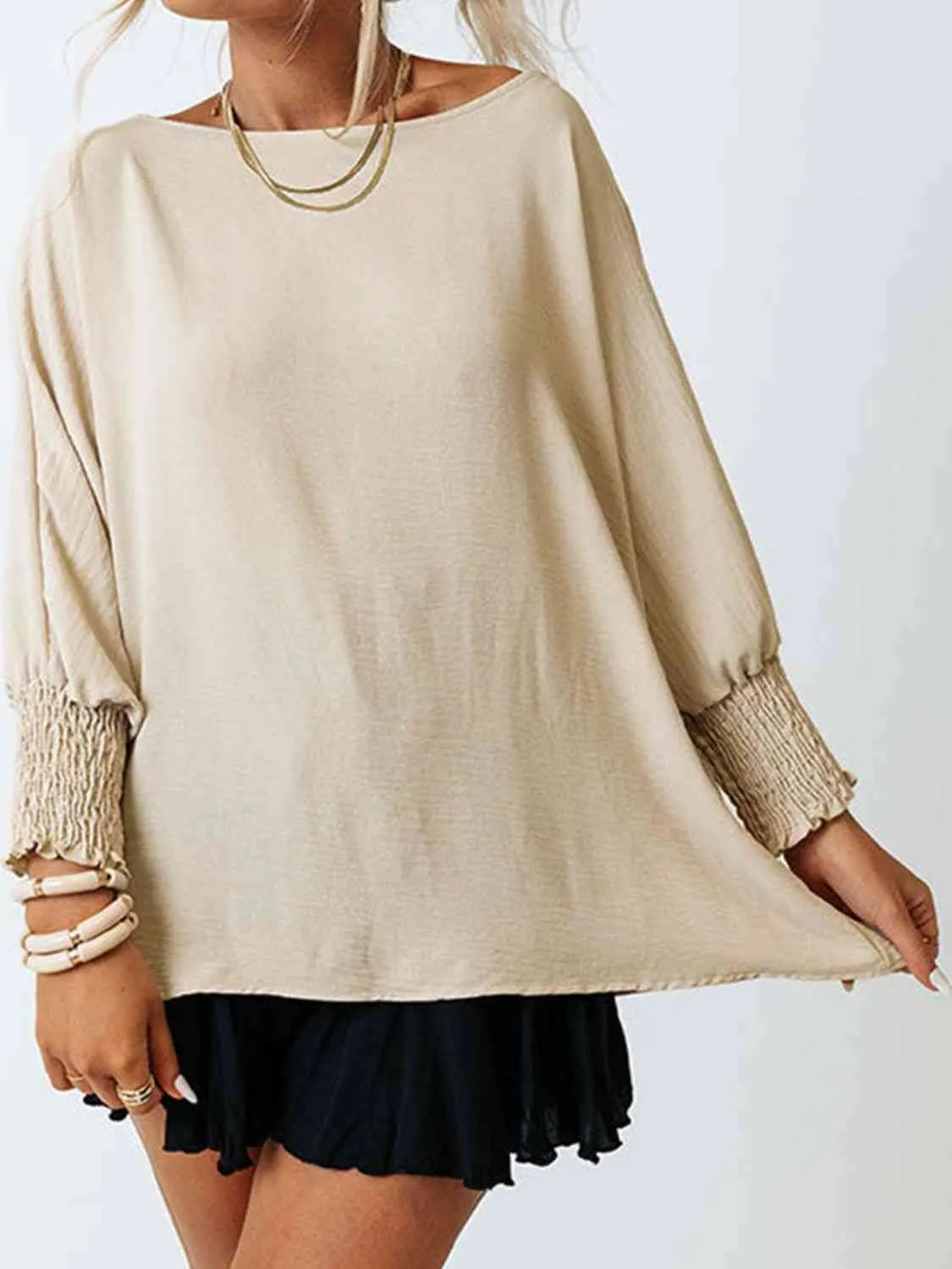 Boat Neck Three-Quarter Sleeve Blouse