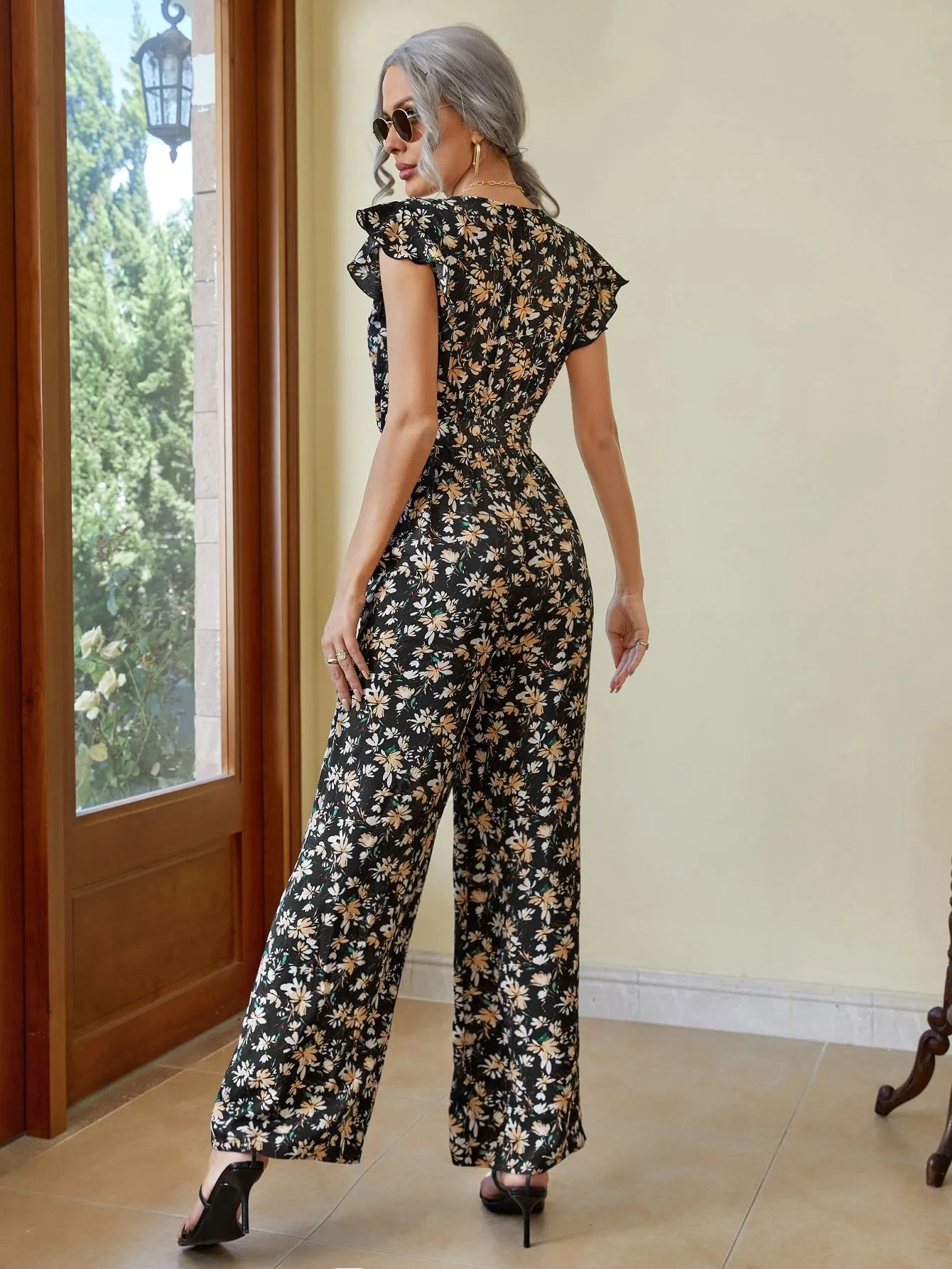 Boho All Over Print Wrap Cap Sleeve V Neck High Waist Long Women Jumpsuit