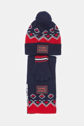 Boys Navy And Red Knitted Set (3 Piece)