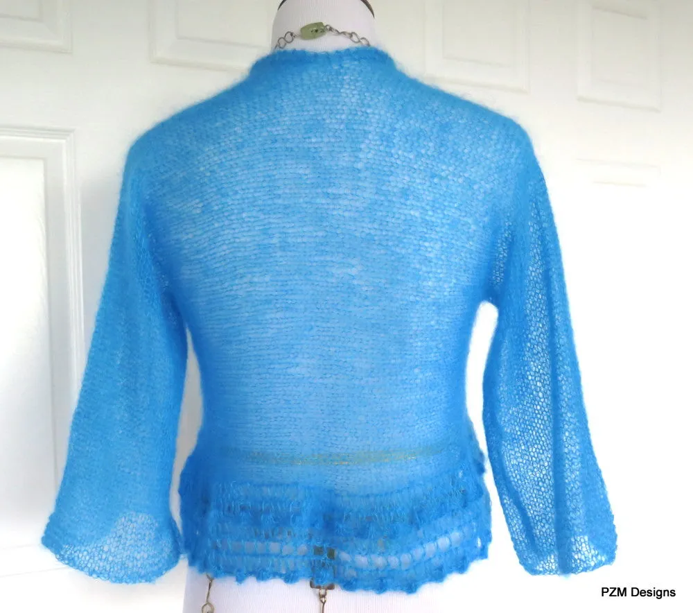 Bright Blue Silk Sweater, Hand Knit Luxury Shrug