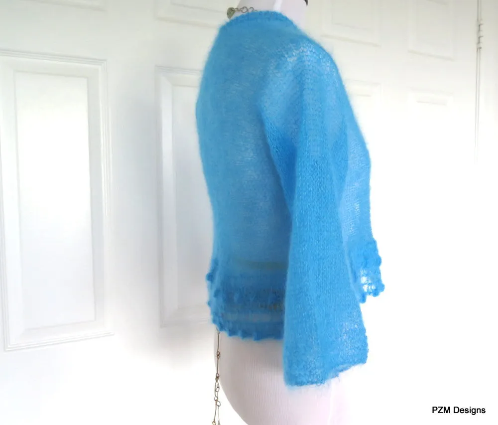 Bright Blue Silk Sweater, Hand Knit Luxury Shrug