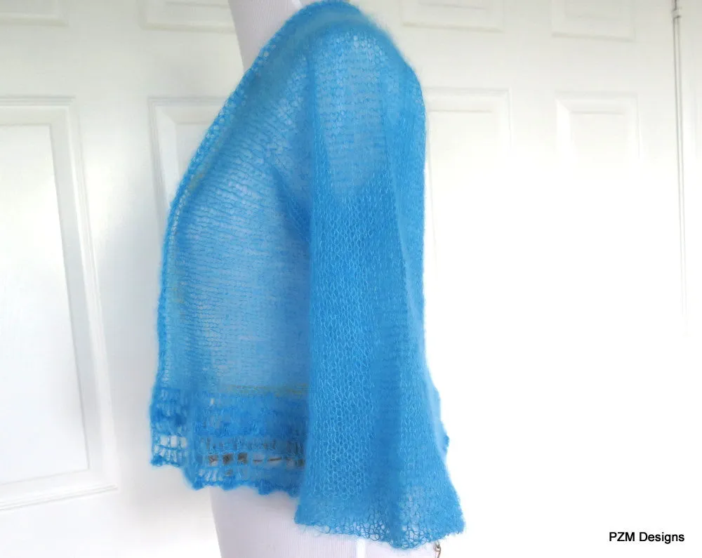 Bright Blue Silk Sweater, Hand Knit Luxury Shrug