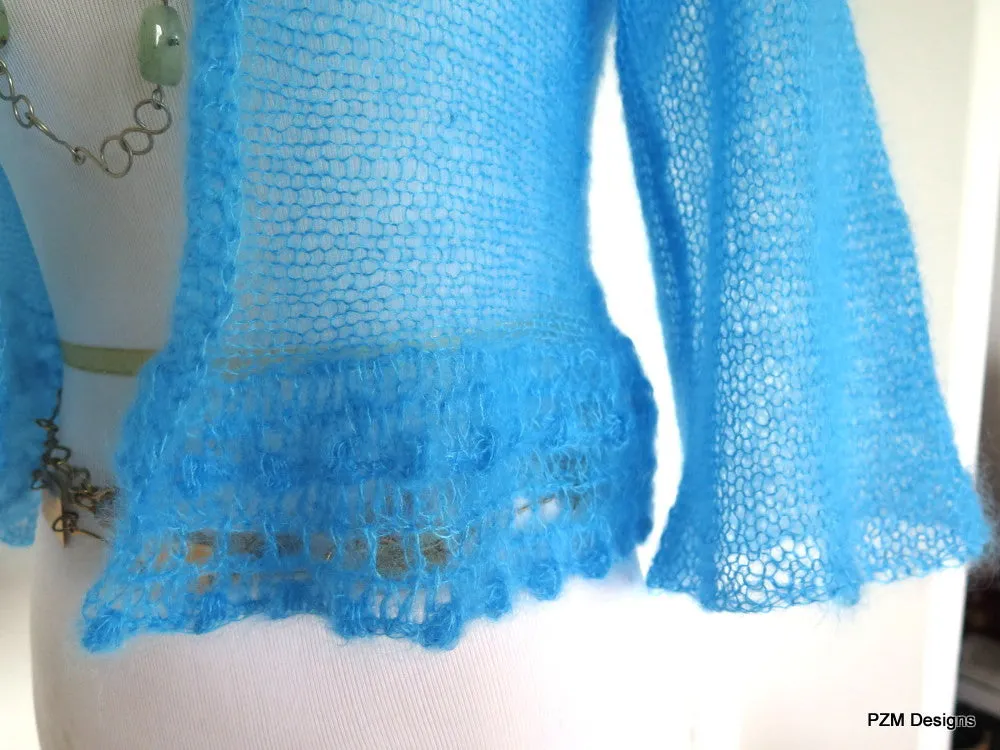 Bright Blue Silk Sweater, Hand Knit Luxury Shrug