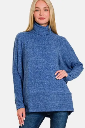 Brushed Melange Hacci Blue Turtleneck Sweater