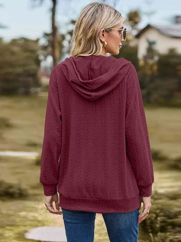 Cable-Knit Zip-Up Hooded Blouse