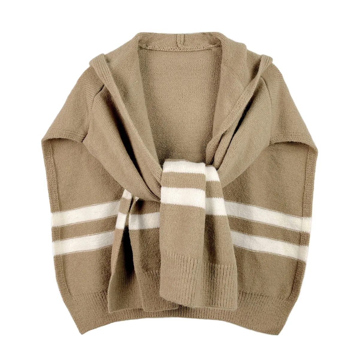 Camel Hooded Stripe Knit Kimono