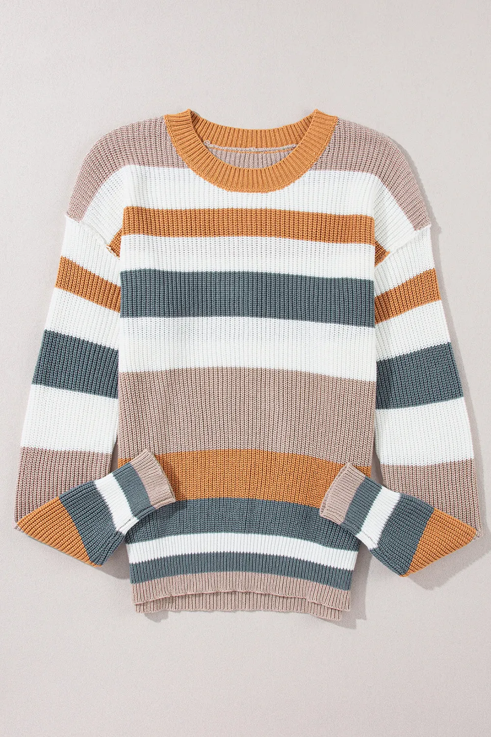 Camel Ribbed Round Neck Color Block Knitted Sweater