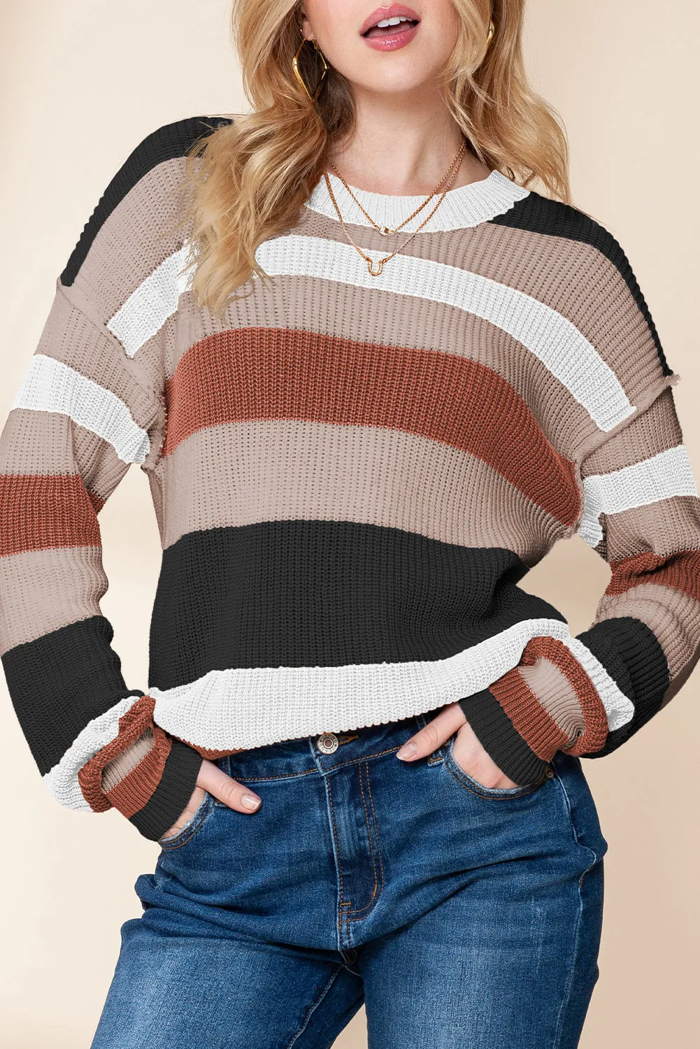 Camel Ribbed Round Neck Color Block Knitted Sweater