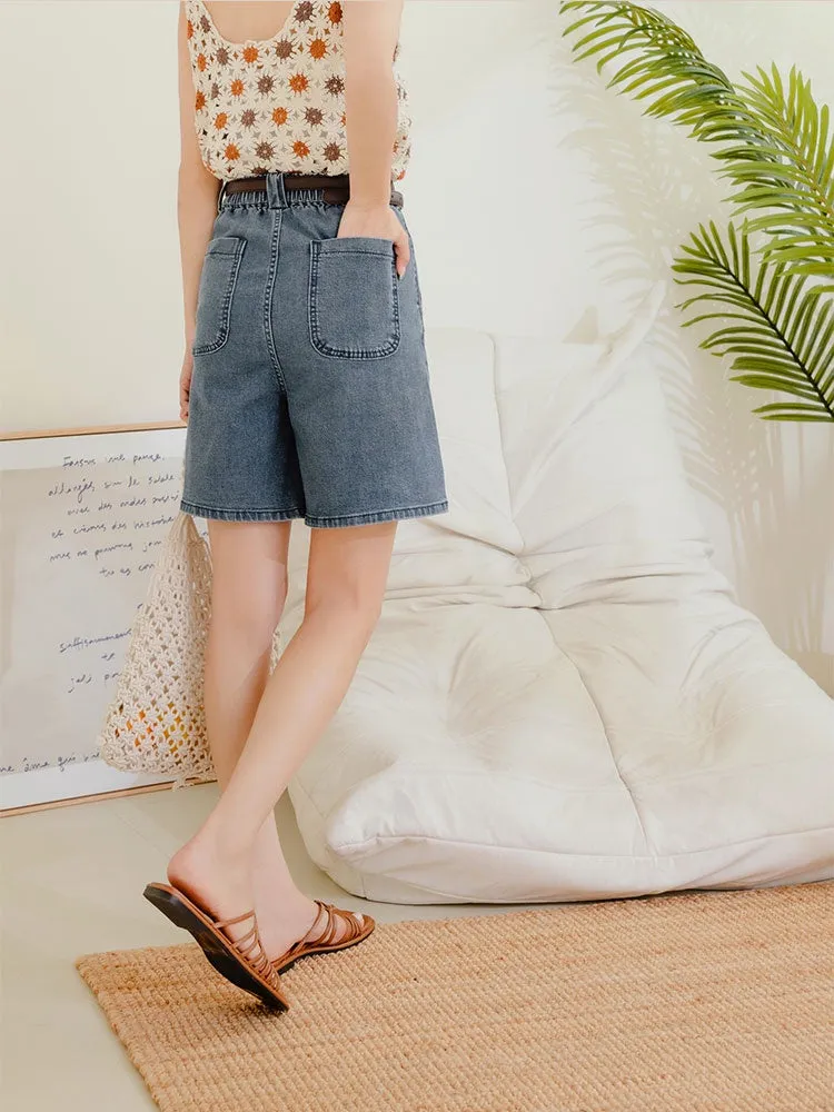 Casual High Waist Denim Wide Leg Culottes Shorts Pants