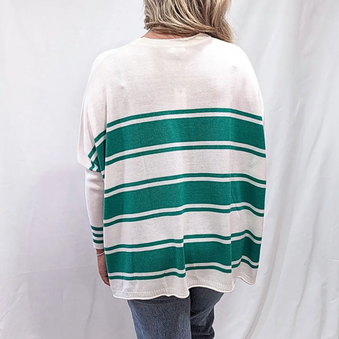 Catalina V-Neck Sweater - White/Jade Stripe