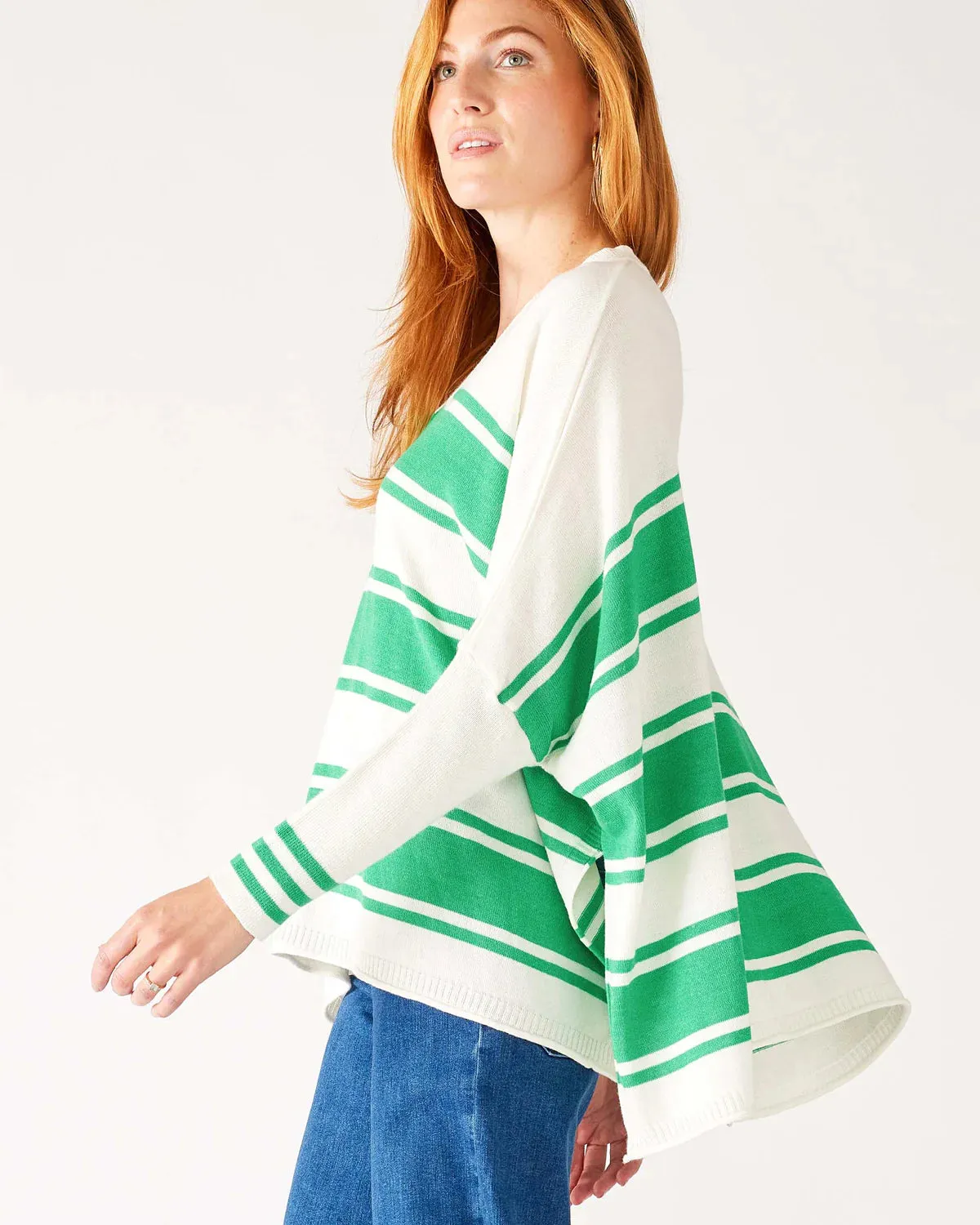 Catalina V-Neck Sweater - White/Jade Stripe