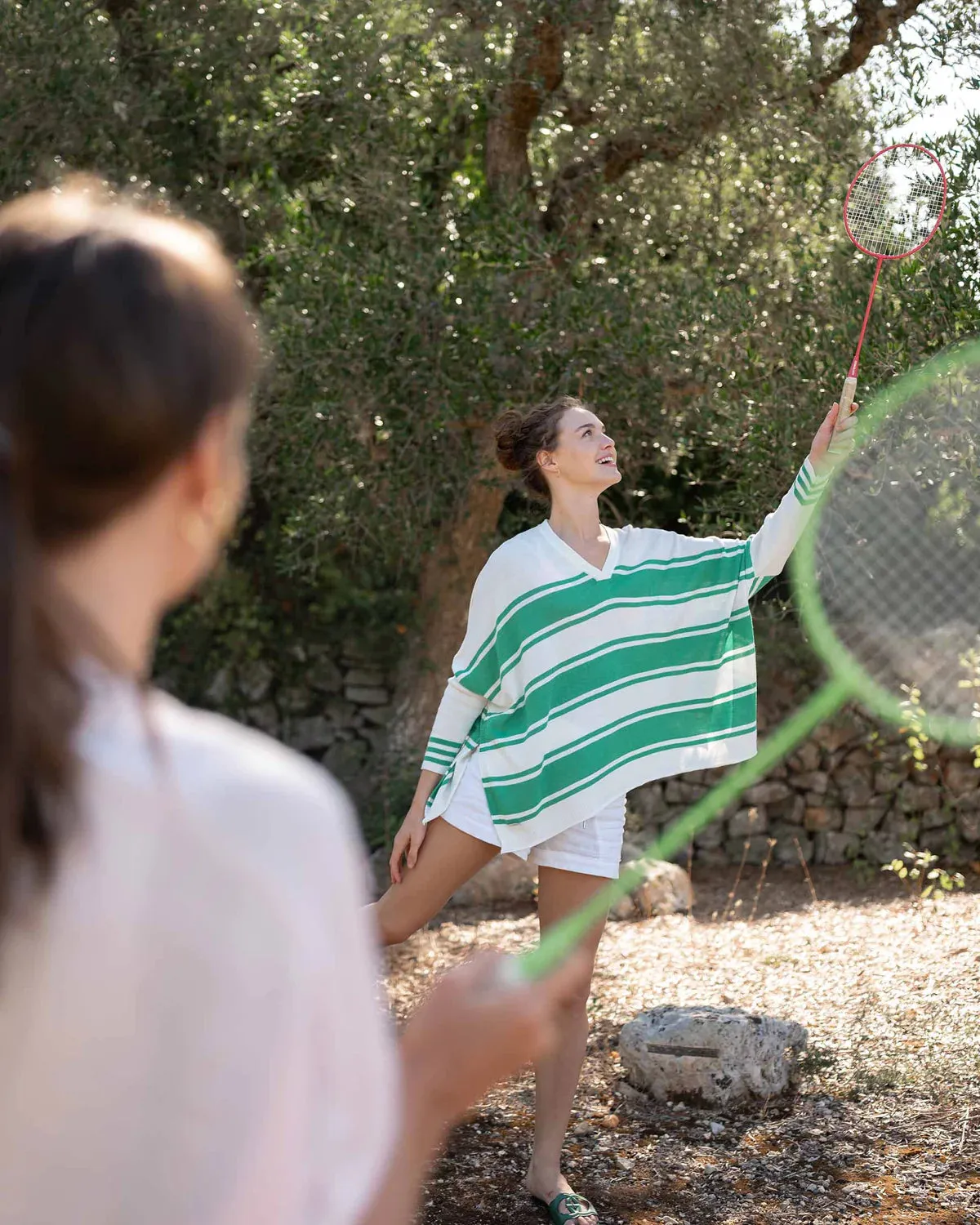 Catalina V-Neck Sweater - White/Jade Stripe