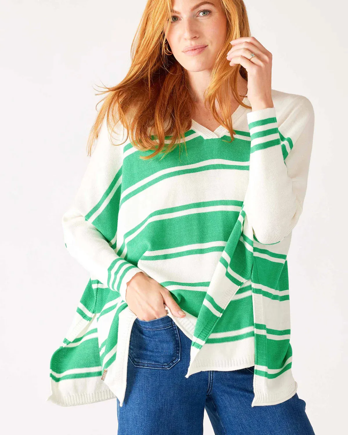 Catalina V-Neck Sweater - White/Jade Stripe