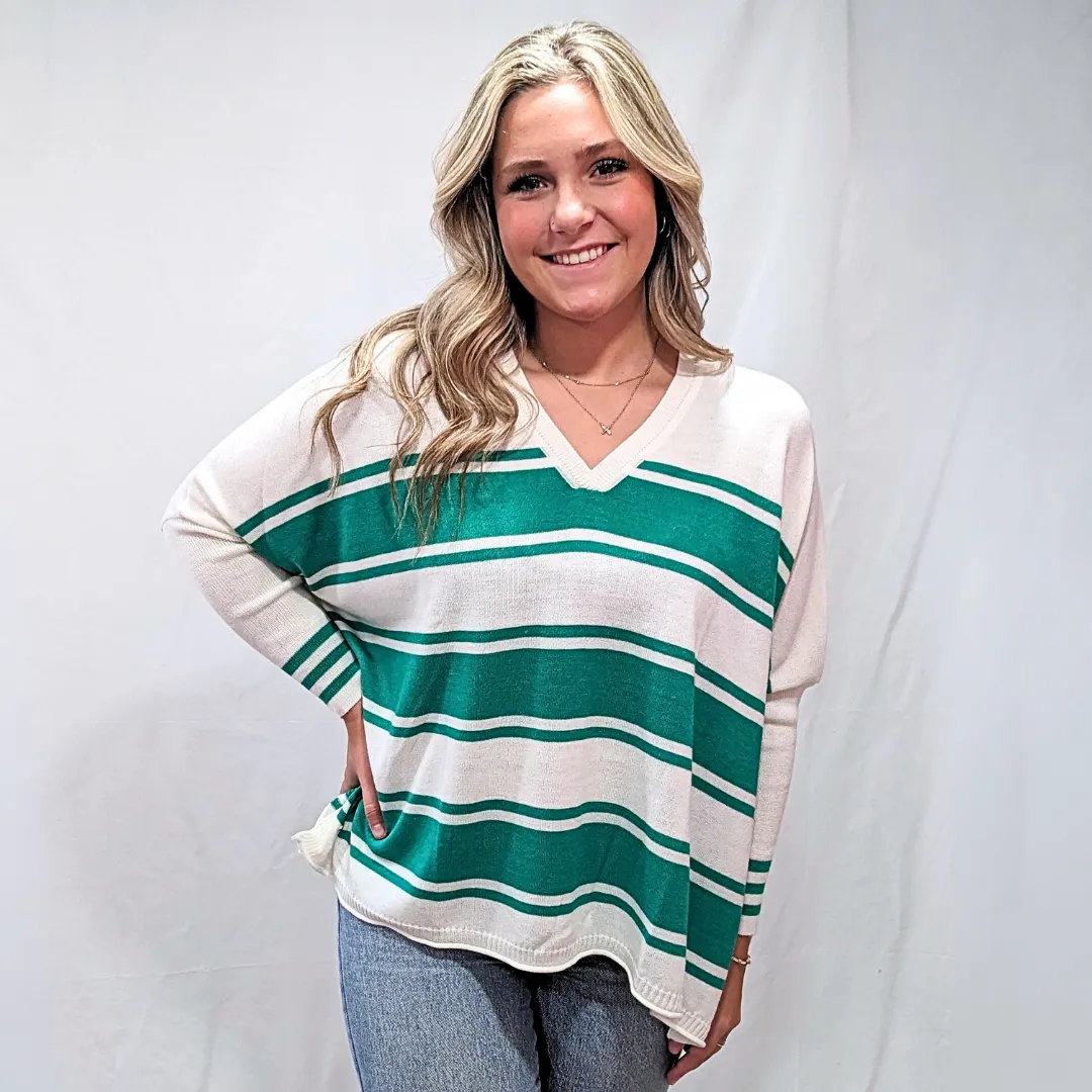 Catalina V-Neck Sweater - White/Jade Stripe